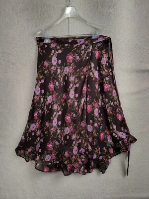 Falda Laura Ashley Mujer Grande Marrón Floral 100% Poli Envoltura Volantes Cottagecore Media Foto 1 de 4