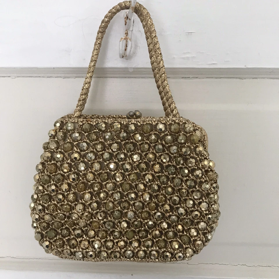 Bolso de mano vintage BARBARA LEE amarillo con cuentas con adornos de rafia - HECHO EN ITALIA Foto 1 de 4