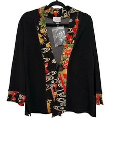 Soft Surroundings Womens Jacket Black Floral Kimono Button Front Asymmetrical M - Picture 1 of 5