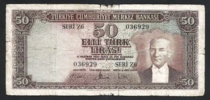 Turkey 50 Lira 1957, Fine, P-165, Prefix Z6, Circulated, Tears - Picture 1 of 4