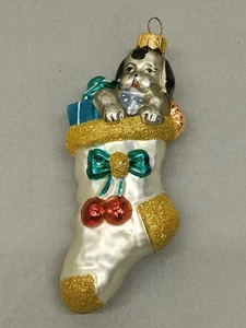 Blown Glass Christmas Stock Ornament Puppy Presents Hand Painted 7" - Poland - Picture 1 of 6