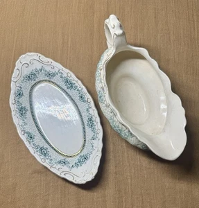 Antique Wedgwood Co Semi Porcelain Sauce Boat & Underplate Phyllis Pattern 1890s - Picture 1 of 5