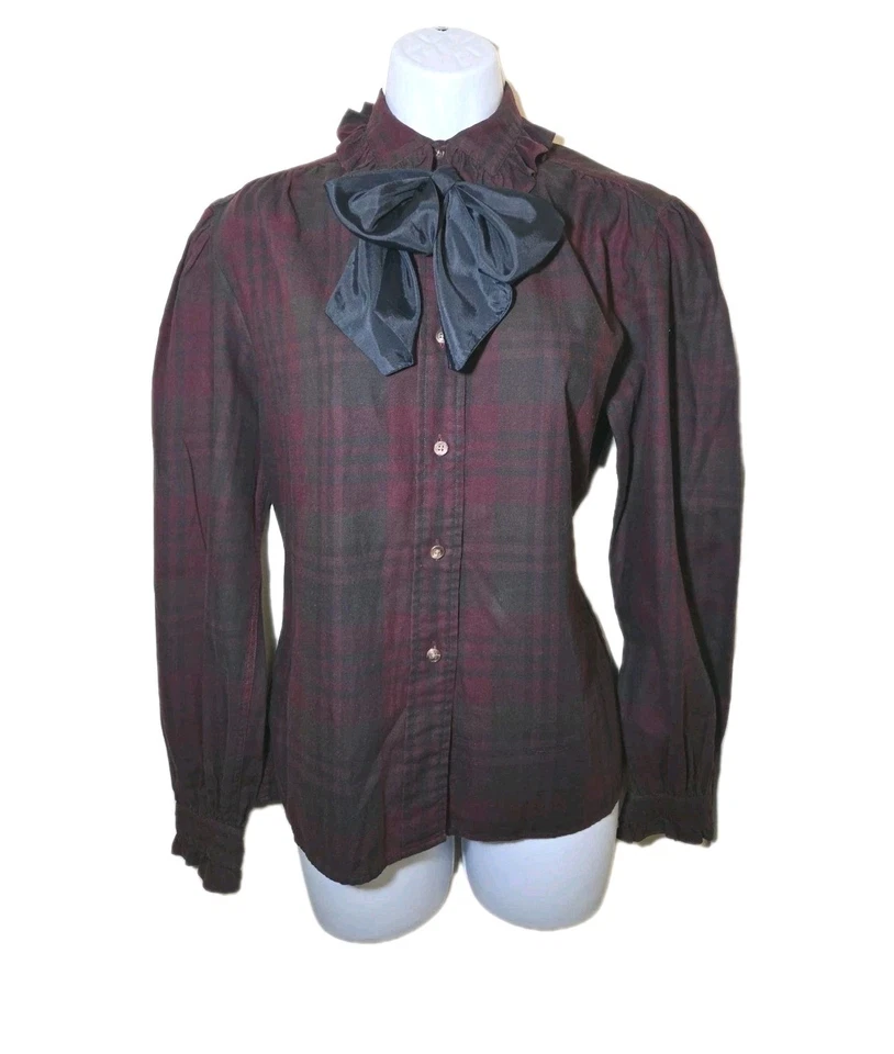 Blusa polo vintage anos 90 Ralph Lauren xadrez tartan cetim laço algodão com babados tamanho 6 - Imagem 1 de 4