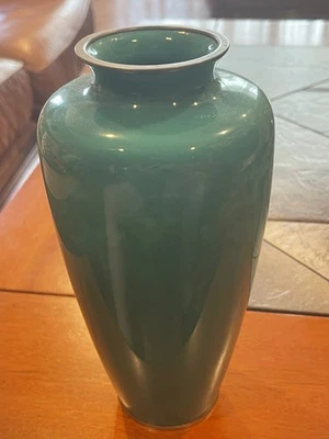 JAPANESE,ANTIQUE CLOISONNÉ GREEN ENAMEL OVER SILVER VASE BY ANDO,MEJII PR.H9.75” - Image 1 of 4