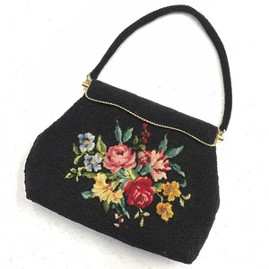Vintage MCM Black Seed Bead Floral Needlepoint Evening Bag Purse Handbag Beaded - Picture 1 of 9