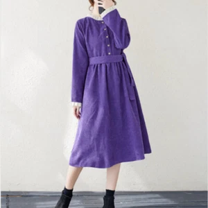 Women Retro Corduroy A-line Dress Ruffles Long Sleeve Midi Splice Dress Casual - Picture 1 of 13