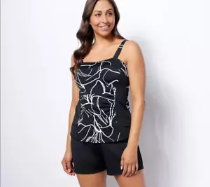 Denim & Co. Beach Tankini Short Set Short Set, Black Reg 8 A392828 - Picture 1 of 9