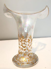Hand Blown Art Glass Vase Gold Painted leaves Ruffled