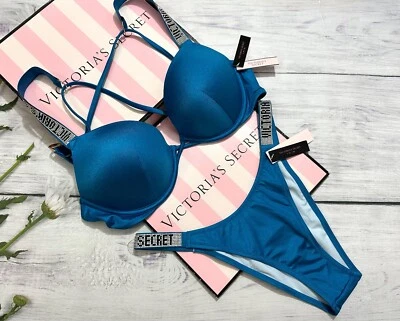 Victoria Secret Brillo Correa Natación Brasileña Bombshell Add-2-cups Azul Push-up Set Foto 1 de 4