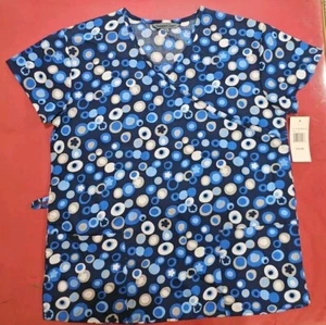 Medical Uniform Scrubs Womens Top Wrap blue white navy circles Pockets all sizes - Picture 1 of 8