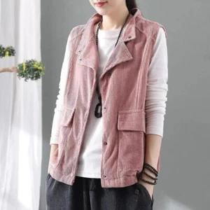 Women Corduroy Vest Jacket Coat Waistcoat Gilet Stand Collar Plus Size - Picture 1 of 15