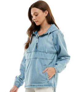 WOMEN'S DENIM 1/2 zipper Pullover Jacket with HOOD , Light Blue- S - Picture 1 of 3