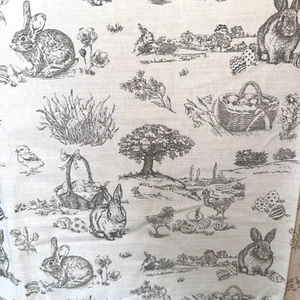 Easter Bunny Rabbit Toile Tablecloth Cloth 100% Cotton Grey White 77" x 59.5" - Picture 1 of 4