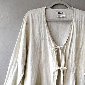 Blusa marca lino corbata delantera talla grande azul 100 % lino tejido manga larga - Imagen 1 de 8