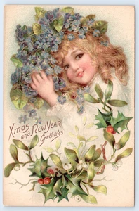 Postkarte Weihnachts- und Neujahrsgruß 1908 - Mädchen mit Blumen, Mistelzweig & Stechpalme - Bild 1 von 2