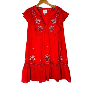 KNOX ROSE Red Embroidered Dress Sz L Tiered Ruffle Sleeve Cottagecore Peasant - Picture 1 of 7