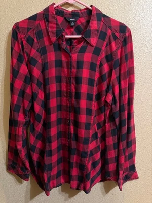 INTRO LYOCELL BUFFALO CHECK SNAP FRONT SHIRT SZ MEDIUM BLACK RED 3/4 SLEEVES - Image 1 of 4