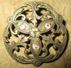 UNIQUE & LOVELY ANTIQUE FRENCH ENAMEL - LG OPENWORK w CENTER BRASS FLOWER 1 1/4" - Picture 1 of 4