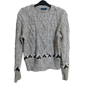 POLO Ralph Lauren Aztec Chunky Cotton Linen Mulberry Silk Cable Knit Jumper S/P - Picture 1 of 9