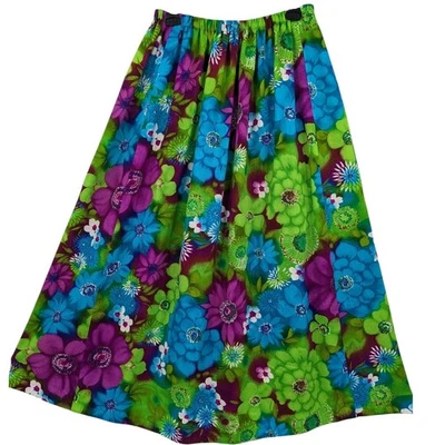 Retro Vintage HAWAIIAN Crepe Fabric MAXI SKIRT Vintage 1970s Neon Bright Floral  - Image 1 of 4