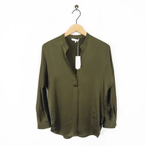 Vince Band Collar Silk Blouse Size XS NEW Olive Green Long Sleeve - Picture 1 of 22