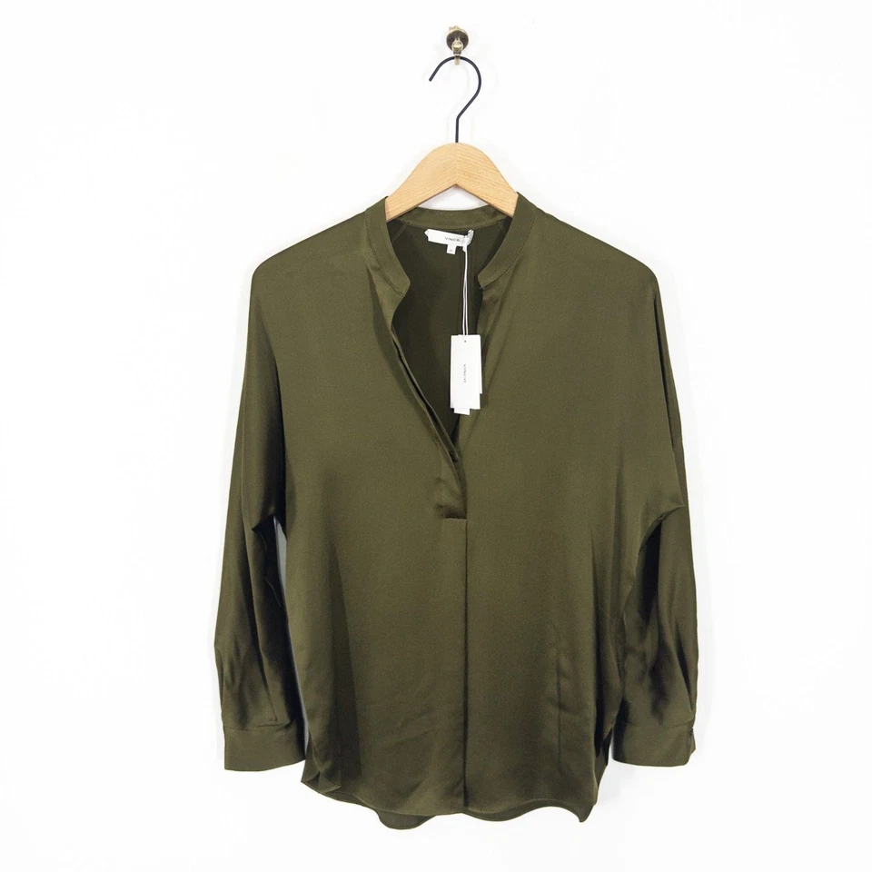 Vince Band Collar Silk Blouse Size XS NEW Olive Green Long Sleeve - Image 1 of 4