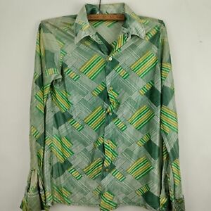 Vintage Chrome Shirt Medium Green Abstract Nylon Hippie Disco 70s 80s