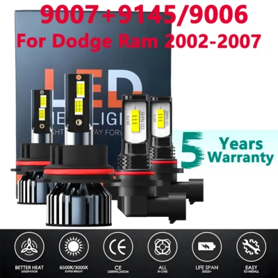 For Dodge Ram 2002-2007 - Combo 9007 LED Headlight 9145 Fog Bulbs Super Bright - Image 1 of 4