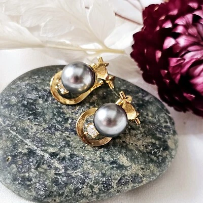 Boucles Oreille Clips Vermeil Pl Or 18k Sur Argent 925 Perles Grises 7mm Zircons - Immagine 1 di 4