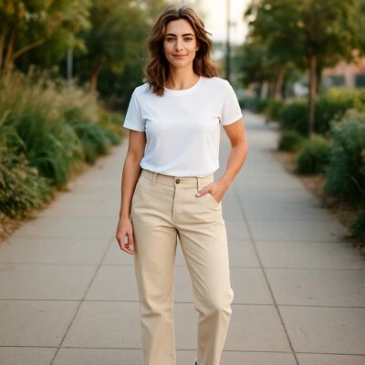 Pantalones Anexos Esquineros Informales Para Mujer X Beige Elastizados Pierna Recta Bolsillos Cremallera Foto 1 de 4