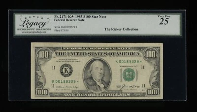 DBR 1985 $100 FRN Dallas STAR Fr. 2171-K* Legacy 25 Serial K00189329* - Image 1 of 2