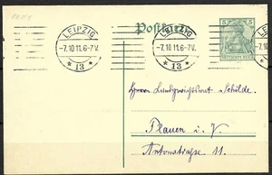 DR 1911 Ganzsachenpostk. P 90 I - 5 Pf.grün Germ., Leipzig - Plauen i.V. - Bild 1 von 2