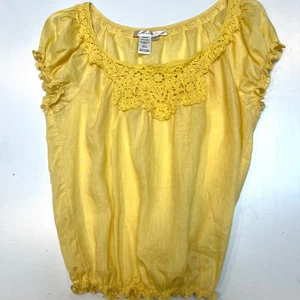 Max Studio Womens Yellow Floral Blouse Size Large Puff Sleeve Cottage - Picture 1 of 7
