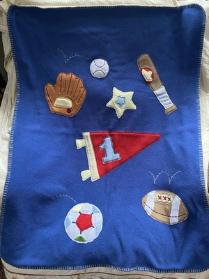 Cobertor de bebê de lã azul esportivo Circo amarelo traseiro beisebol futebol macio - Imagem 1 de 4