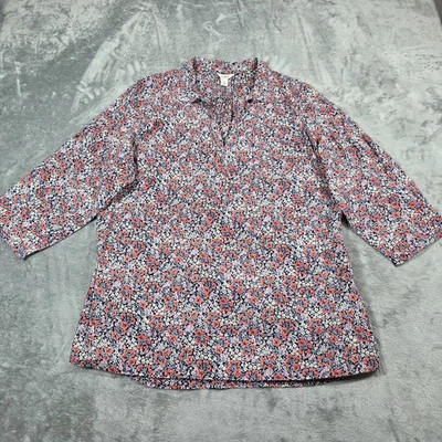 Blusa LL Bean Top Feminina XL Azul Vermelho Floral Popover Manga Aba Rolo 3/4 - Imagem 1 de 4
