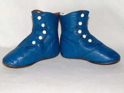 古董维多利亚不寻常蓝色皮革五侧纽扣婴儿儿童鞋 — 第 1/4 张图片