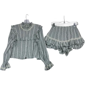 Damen Salbeigrün Rüschen Bluse Skort Set Spitze Ditsy Blumen Cottagecore Gr. L - Bild 1 von 10