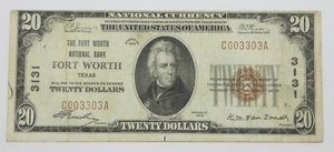 #3131 Series 1929 $20 Fort Worth National Bank, TX VF Fr#1802-1 ~ 1 Pinhole - Picture 1 of 4