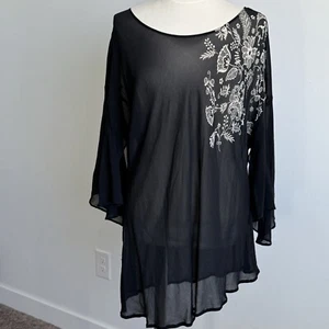 Fairygoth Black Semi Sheer Whimsigoth Party Blouse Top Asymmetrical Hem - Picture 1 of 9