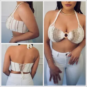 Beige & Brown Crochet Handmade Knit Crop Top Halterneck Bralet Tie Back Festival - Picture 1 of 4