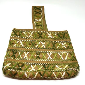 Unbranded Burlap Embroidered Large Tote Bag Purse Brown Green Lined Wide Handle - Picture 1 of 8