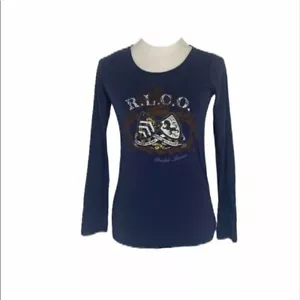 Girl’s Large Shirt Ralph Lauren Blue Long Sleeve Logo Scoop Neck Cotton - Picture 1 of 7
