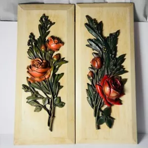 Two Burwood Wall Hanging Plaque Roses Red Coral MCM Vintage 60's Art Decor - Picture 1 of 12
