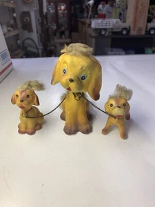 Vintage Ceramic Bobble Head Dog W/ 2 Pups On Chains-Real-Fur-Japan - Picture 1 of 24