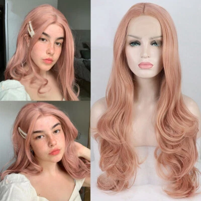 Peluca Larga Sedosa Ondulada Encaje Frontal Rosa Sin Pegamento Peluca de Pelo Sintético Juegos con disfraces Fiesta  Foto 1 de 4