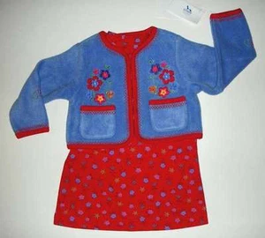 NWT New BUSTER BROWN Blue Fleece Cardigan Sweater Red Flower Dress 2pc Set 2T 4T - Picture 1 of 3