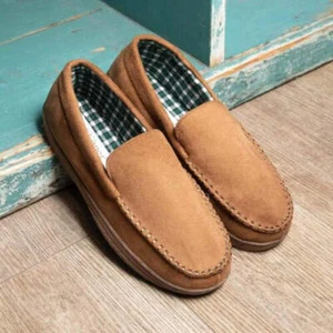 Men's Tan Moccasin Slippers Issac Style with Check Lining – Size UK - Picture 1 of 15