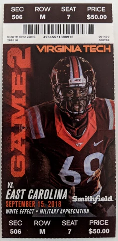 2018 Virginia Tech vs East Carolina Ticket Stub 9/15/2018 Cover