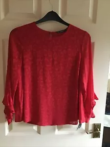 Red Patterned Layered Top With Flutted Sleeves. BNWT SIZE MEDIUM / Size 12-14 - Picture 1 of 11