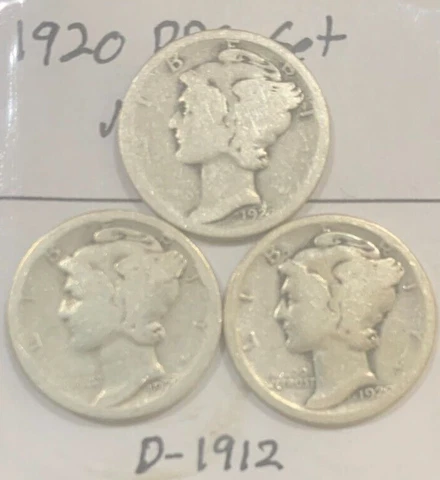 1920 P D S Mercury Dime PDS Year Set ~ 90% Silver ~ 3 Brilliant U.S. Coins D1912 Cover
